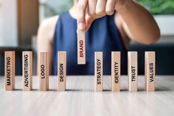 Photo of Businesswoman hand placing or pulling wooden Dominoes with BRAND text. and Marketing, Advertising, Logo, Design, Strategy, Identity, Trust and Values. Product development concept