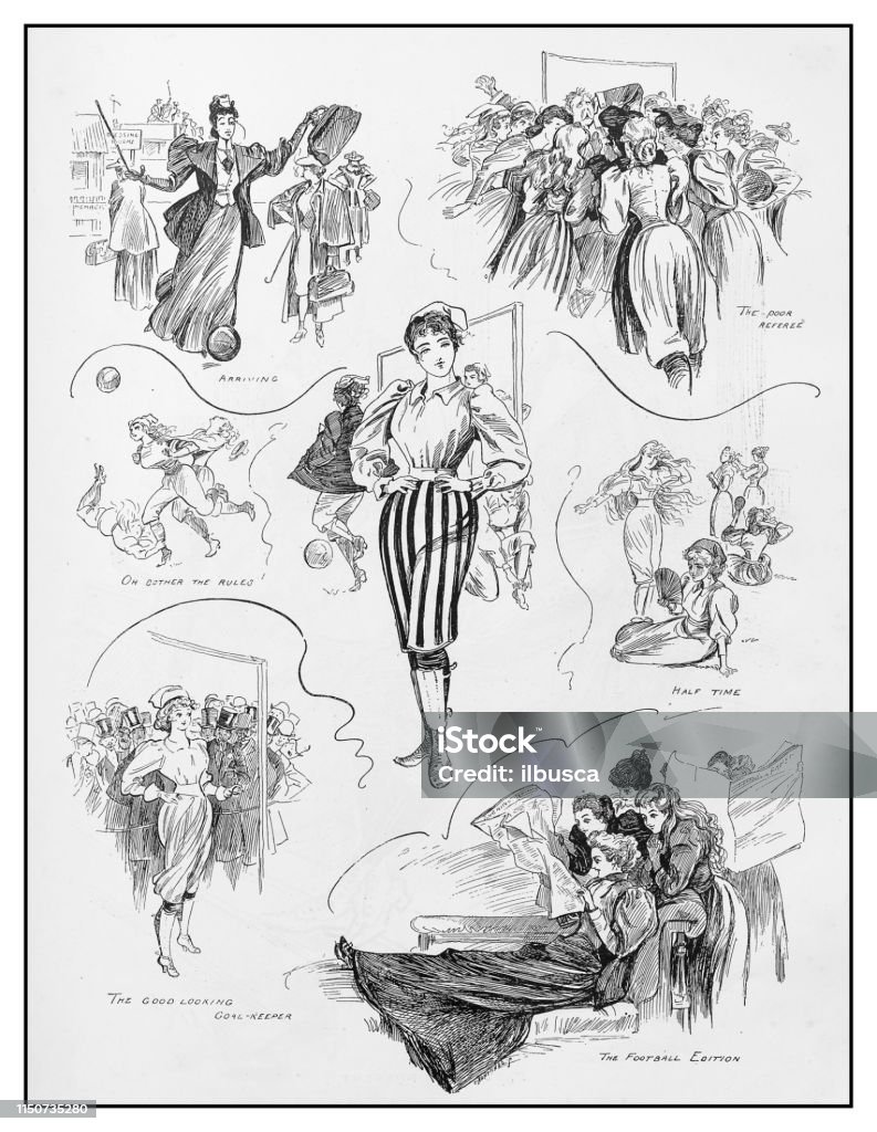 Antique illustration: theatre play poster, woman football Soccer Ball stock illustration