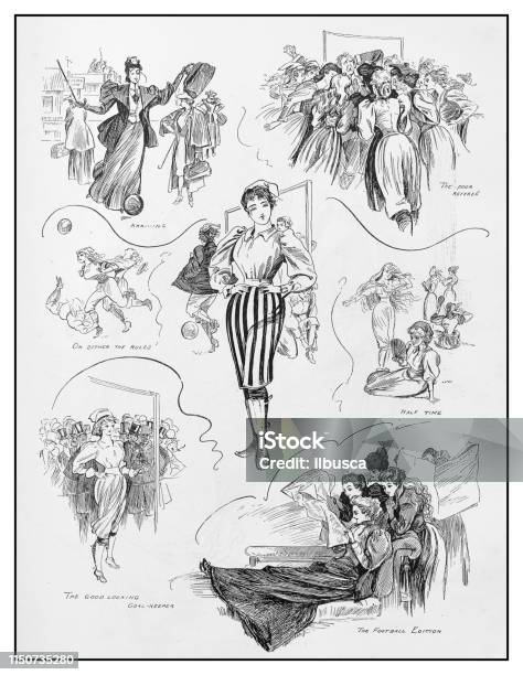 Antique Illustration Theatre Play Poster Woman Football Stock Illustration - Download Image Now