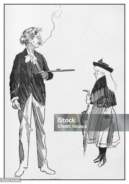 Antique Illustration Man And Little Girl Stock Illustration - Download Image Now - Daughter, Engraved Image, Engraving