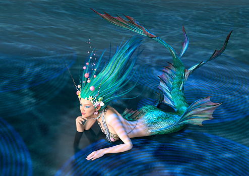 3D rendering of a fairy tale mermaid on blue ocean background