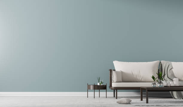 istock Interior wall mock up with Scandinavian style sofa with coffe table. Minimalist interior design. 3D illustration. 1150737851