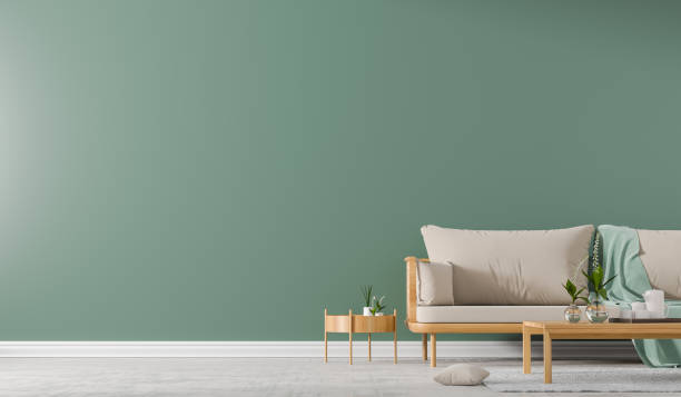 istock Interior wall mock up with Scandinavian style sofa with coffe table. Minimalist interior design. 3D illustration. 1150737988