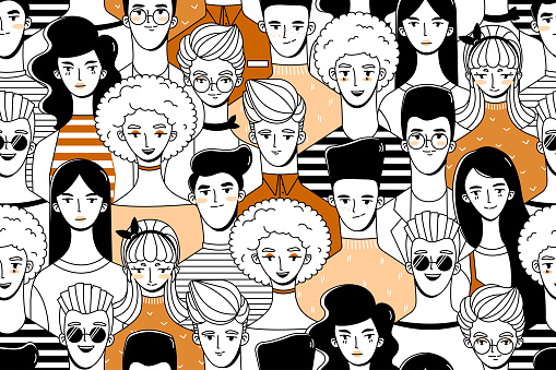 Seamless pattern with a crowd of people (young guys and girls). Background in doodle style.
