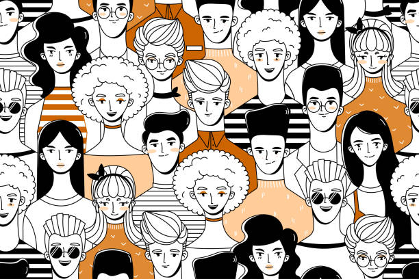 People. Pattern 3 Seamless pattern with a crowd of people (young guys and girls). Background in doodle style. teenager doodle stock illustrations