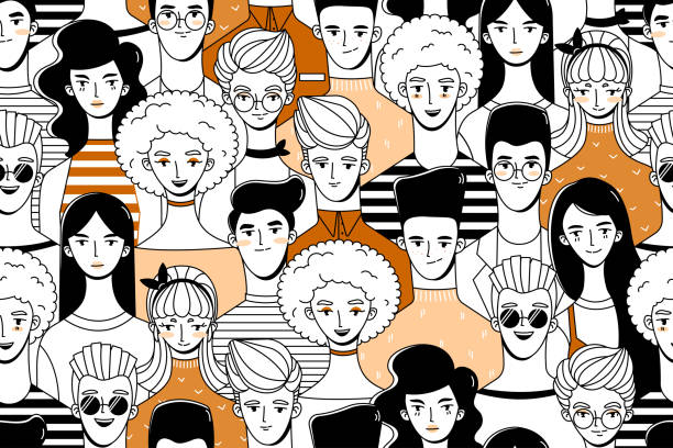 People. Pattern 3 Seamless pattern with a crowd of people (young guys and girls). Background in doodle style. audience backgrounds stock illustrations