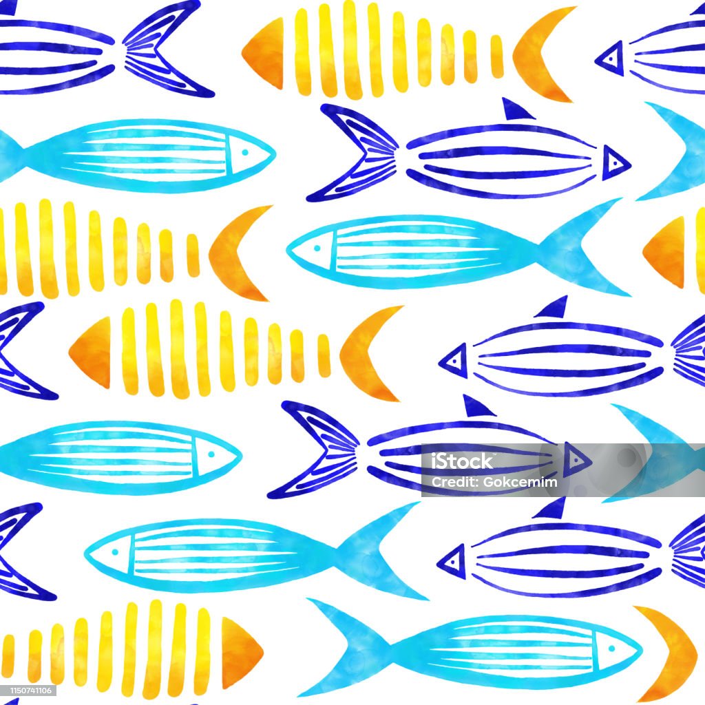 Yellow, Turquoise, Blue and Green Watercolor Fishes Seamless Pattern with White Background. Fish stock vector