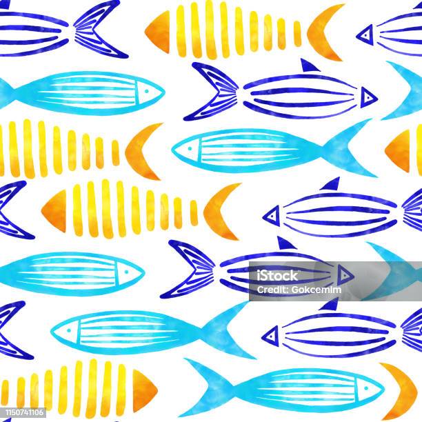 Yellow Turquoise Blue And Green Watercolor Fishes Seamless Pattern With White Background Stock Illustration - Download Image Now