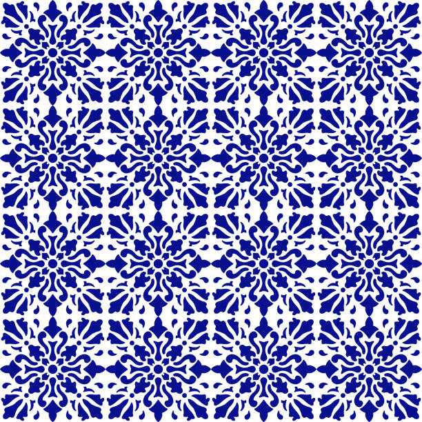 벡터 타일 패턴, 리스본 아랍어 꽃 모자이크, 지중해 원활한 네이 비 블루 장식 - textile blue leaf paisley stock illustrations
