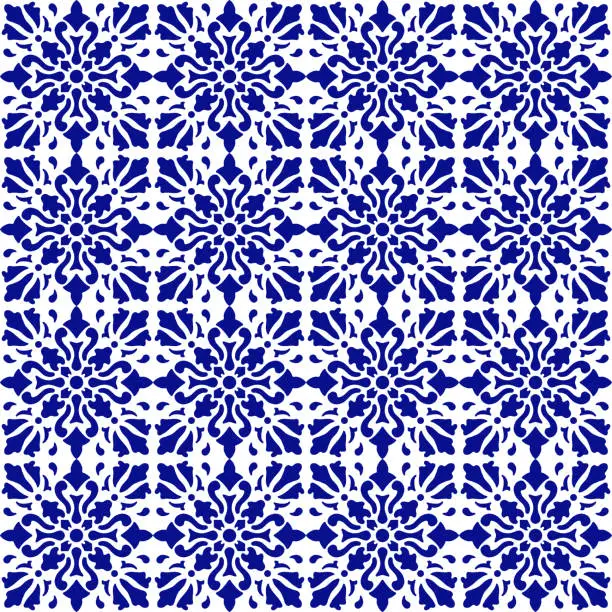 Vector illustration of Vector tile pattern, Lisbon Arabic Floral Mosaic, Mediterranean Seamless Navy Blue Ornament