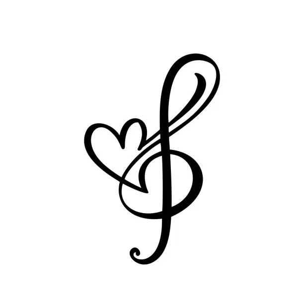 Vector illustration of Music key and heart abstract hand drawn vector logo and icon. Musical theme flat design template. Isolated on the white background