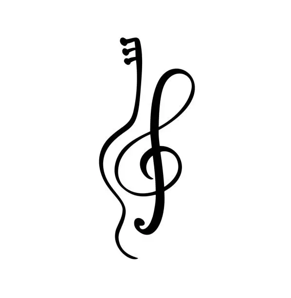 Vector illustration of violin, guitar and treble clef Music key abstract hand drawn vector logo and icon. Musical theme flat design template. Isolated on the white background