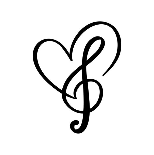 klucz muzyczny i serce abstrakcyjne ręcznie rysowane logo wektora i ikona. muzyczny motyw płaski szablon projektu. odizolowane na białym tle - klucz wiolinowy stock illustrations
