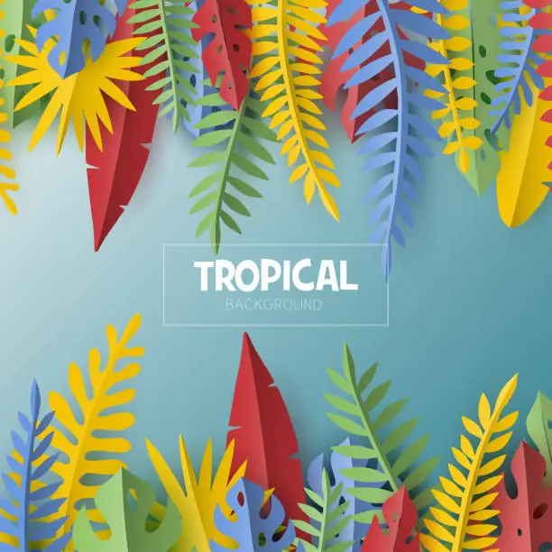 Vector illustration of Trendy Summer template with tropical leaves and plants