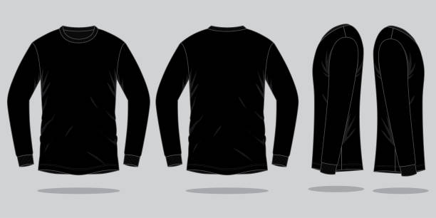 длинный рукав футболка вектор для шаблона - long sleeved shirt blank black stock illustrations