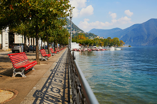 Scenic view of lake embankment in Lugano, canton of Ticino, Switzerland