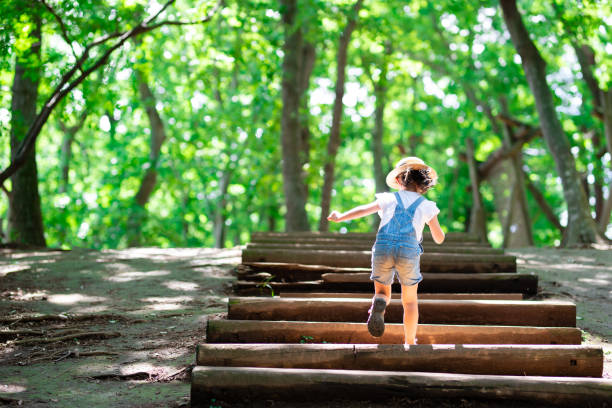 森の中で階段を上っていく少女 - 子供時代   ストックフォトと画像