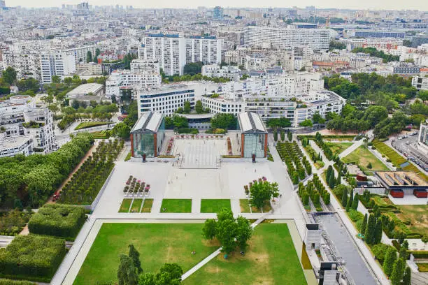 Aerial view of Parc Andre Citroen in 15th arrondissement of Paris, France