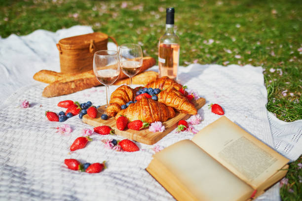 piękny piknik z winem różanych, francuskimi rogalikami i świeżymi jagodami - food and drink croissant french culture bakery zdjęcia i obrazy z banku zdjęć
