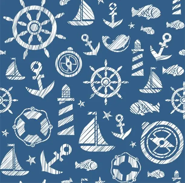 Vector illustration of Nautical background, seamless, dark blue, vector.