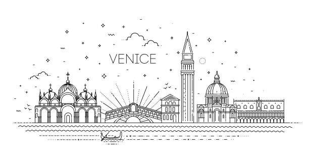 illustrazioni stock, clip art, cartoni animati e icone di tendenza di città di venezia, illustrazione line art vector con tutti gli edifici famosi - venezia