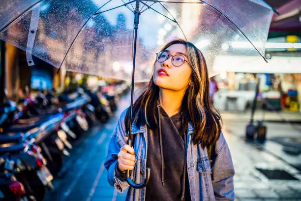 Photo of Asian girl travelling in Taipei on a rainy day