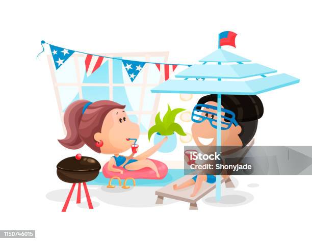 Scene Of A Pool Party At The Independence Day In America Vector Illustration In Flat Cartoon Style Stock Illustration - Download Image Now