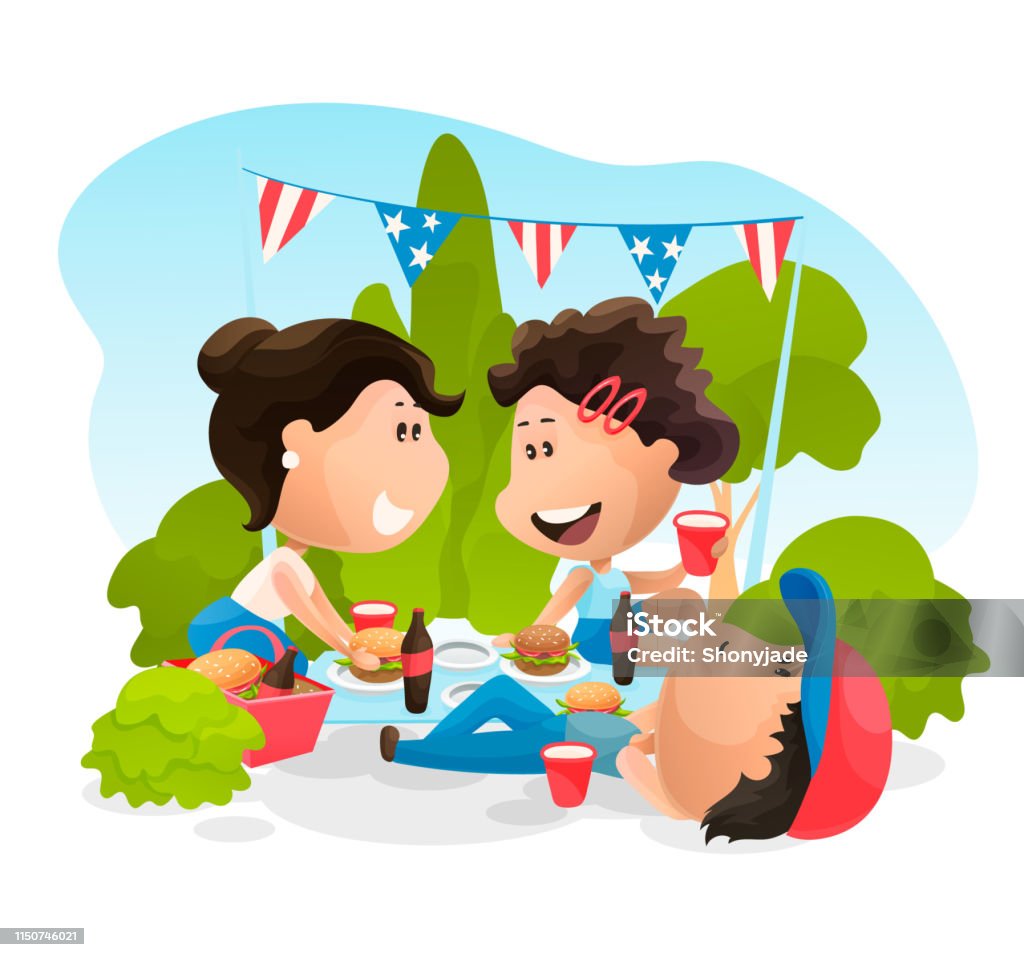 People are outdoor at the celebrating picnic at 4th of July. Vector illustration in flat cartoon style Basket stock vector