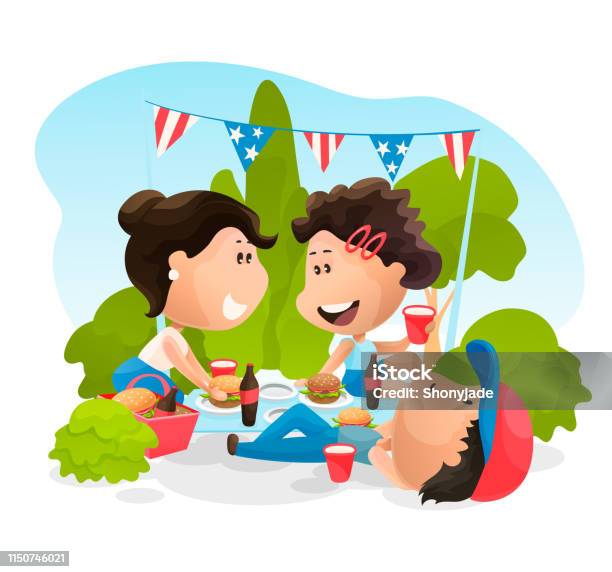 People Are Outdoor At The Celebrating Picnic At 4th Of July Vector Illustration In Flat Cartoon Style Stock Illustration - Download Image Now