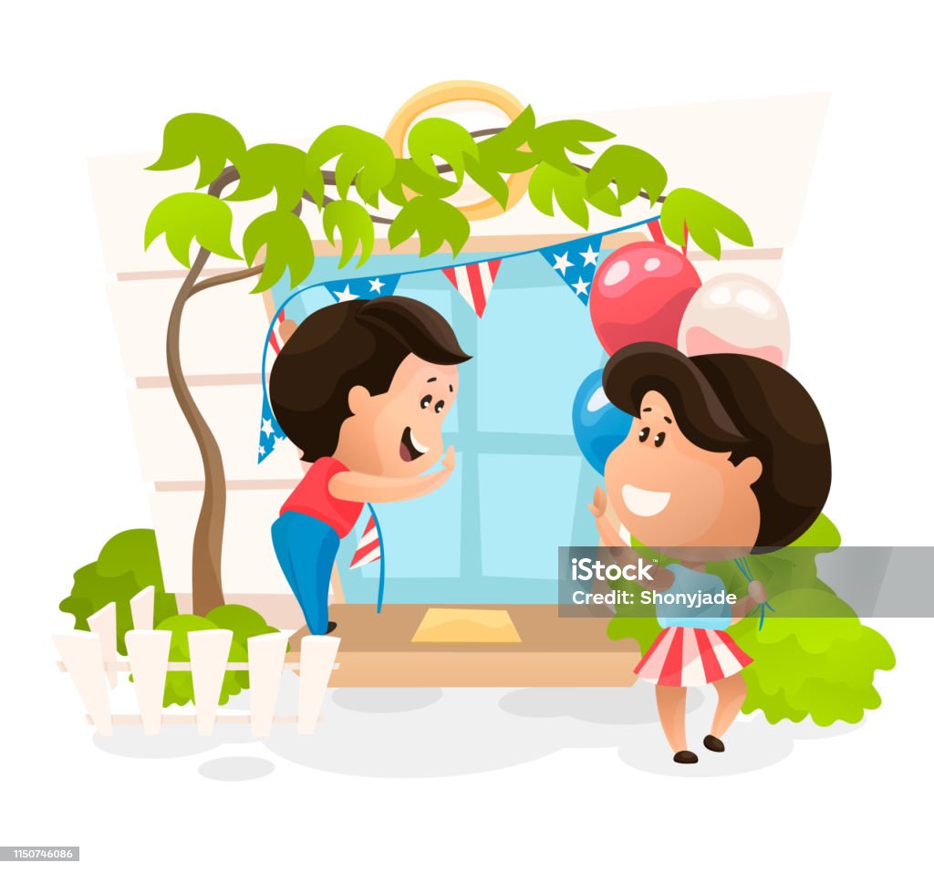Decorating house by flag garland at the Independence Day of America. Vector illustration in flat cartoon style Cartoon stock vector