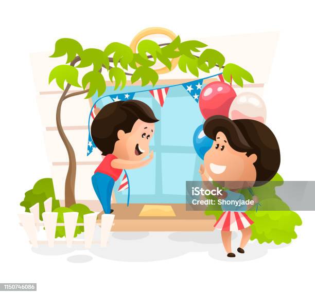 Decorating House By Flag Garland At The Independence Day Of America Vector Illustration In Flat Cartoon Style Stock Illustration - Download Image Now