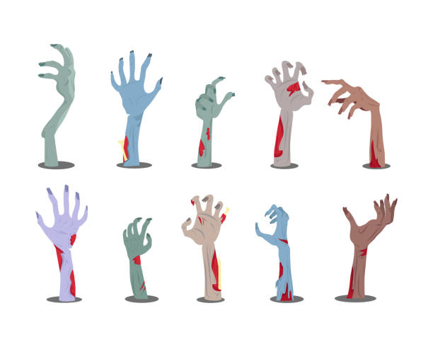 ilustraciones, imágenes clip art, dibujos animados e iconos de stock de manos zombi sobresaliendo del vector de tierra - zombie halloween cemetery human hand