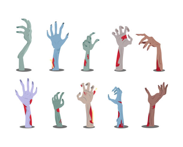 지상 벡터에서 튀어 나오는 좀비 손 - zombie halloween cemetery human hand stock illustrations