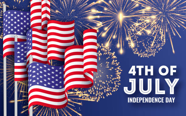 istock USA Independence day. Big banner with waving American national flags and fireworks. 4th of July poster template 1150746699