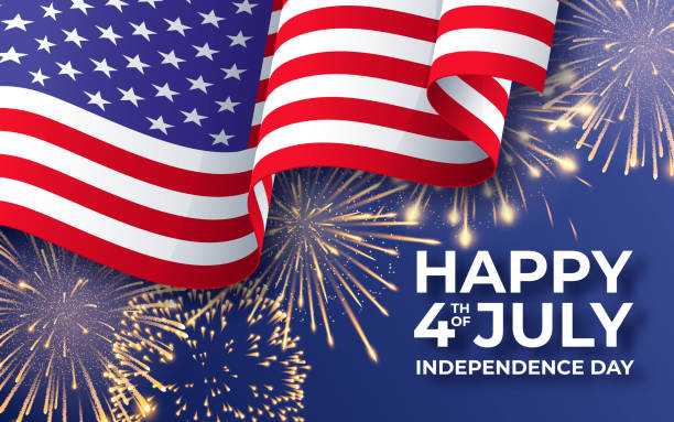 сша независимости. баннер с развевающийся американский национальный флаг и фейерверки. шаблон плаката от 4 июля - happy stock illustrations