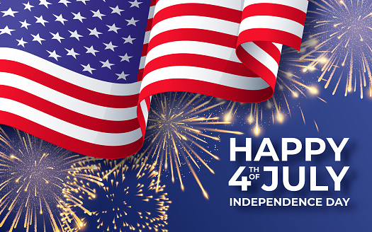 USA Independence day. Banner with waving American national flag and fireworks. 4th of July vector poster template