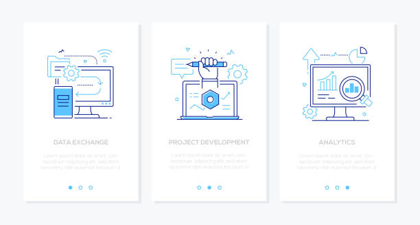 Business and technology - set of line design style vertical web banners Business and technology - set of line design style vertical web banners with copy space for text. Images of laptop, computer monitors, diagrams. Data exchange, project development, analytics concepts gears icon white stock illustrations