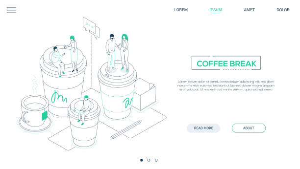 Coffee break - line design style isometric web banner Coffee break - line design style isometric web banner on white background with copy space for text. A website header with business people, workers on big cups, working with laptop, discussing projects giant cup of coffee stock illustrations