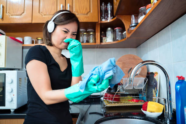 臭いの服を持つ女性のクリーニングキッチン - cleaning domestic kitchen clean chef ストックフォトと画像