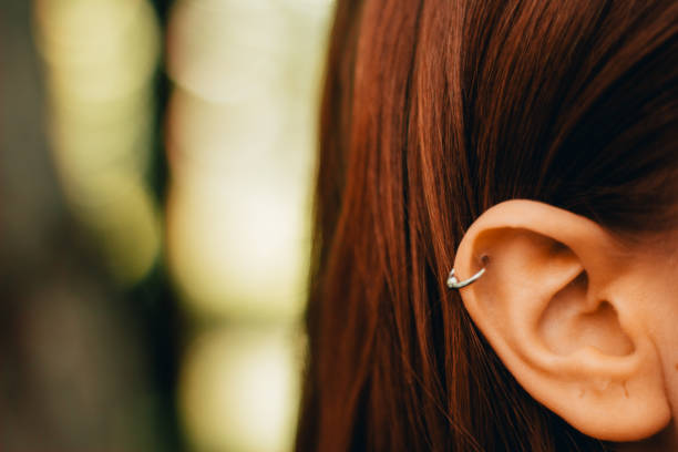 Closeup shot of a woman’s pierced ear Closeup of a young woman’s pierced ear with a silver ring with a small ball – Girl with brown hair wearing a special earring piercing stock pictures, royalty-free photos & images