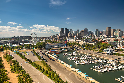 Downtown city skyline over the marina in summer, Montreal, Quebec, Canada
