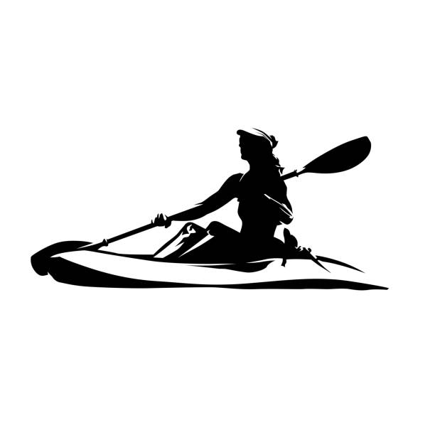 ilustraciones, imágenes clip art, dibujos animados e iconos de stock de mujer en canoa, dibujo aislado de tinta vectorial. silueta vectorial abstracta. kayak deportes acuáticos - river wave symbol sun
