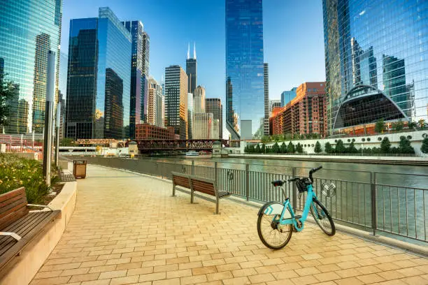 Photo of Bike parked along the Chicago Illinois city riverwalk and river