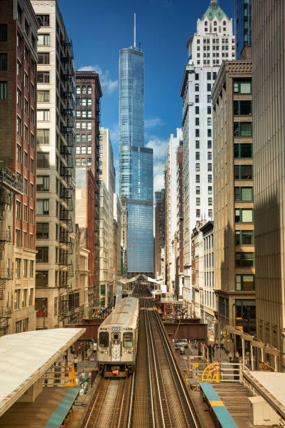 istock Elevated railway train on a bridge in Chicago Illinois USA 1150762211