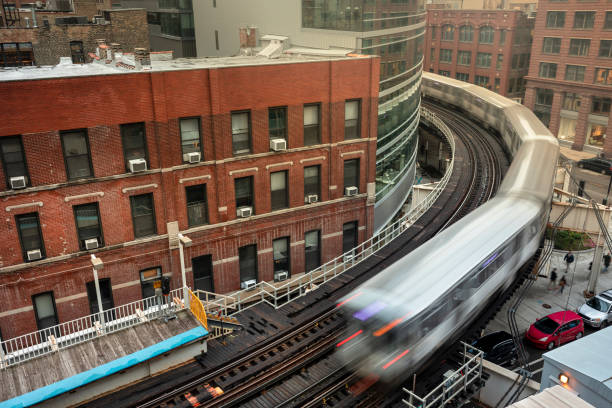 istock Elevated railway train on a bridge in Chicago Illinois USA 1150762217