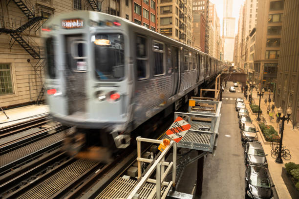 istock Elevated railway train on a bridge in Chicago Illinois USA 1150762221