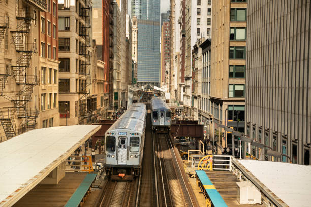 istock Elevated railway train on a bridge in Chicago Illinois USA 1150762744