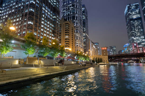 Chicago river and buildings in financial district. Stitched composite image.