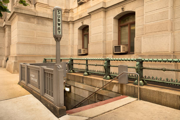 Subway entrance in Philadelphia USA Historic entrance to the underground rapid transit subway in Philadelphia Pennsylvania USA cash in transit vehicle stock pictures, royalty-free photos & images
