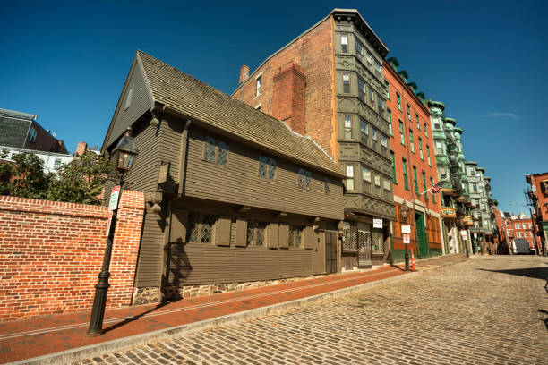 Paul Revere house in Boston Massachusetts USA Paul Revere the Revolutionary War heroes famed residence restored Colonial era home along the Freedom Trail in the historic North End cobblestone neighbourhood of Boston Massachusetts USA north end boston photos stock pictures, royalty-free photos & images